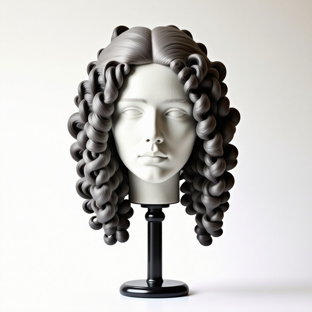 A 1700s style French powdered wig on a wig stand