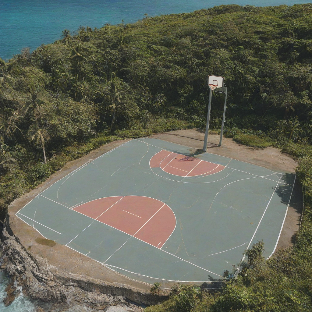 Basketball court on an island surrounded by ocean and nature