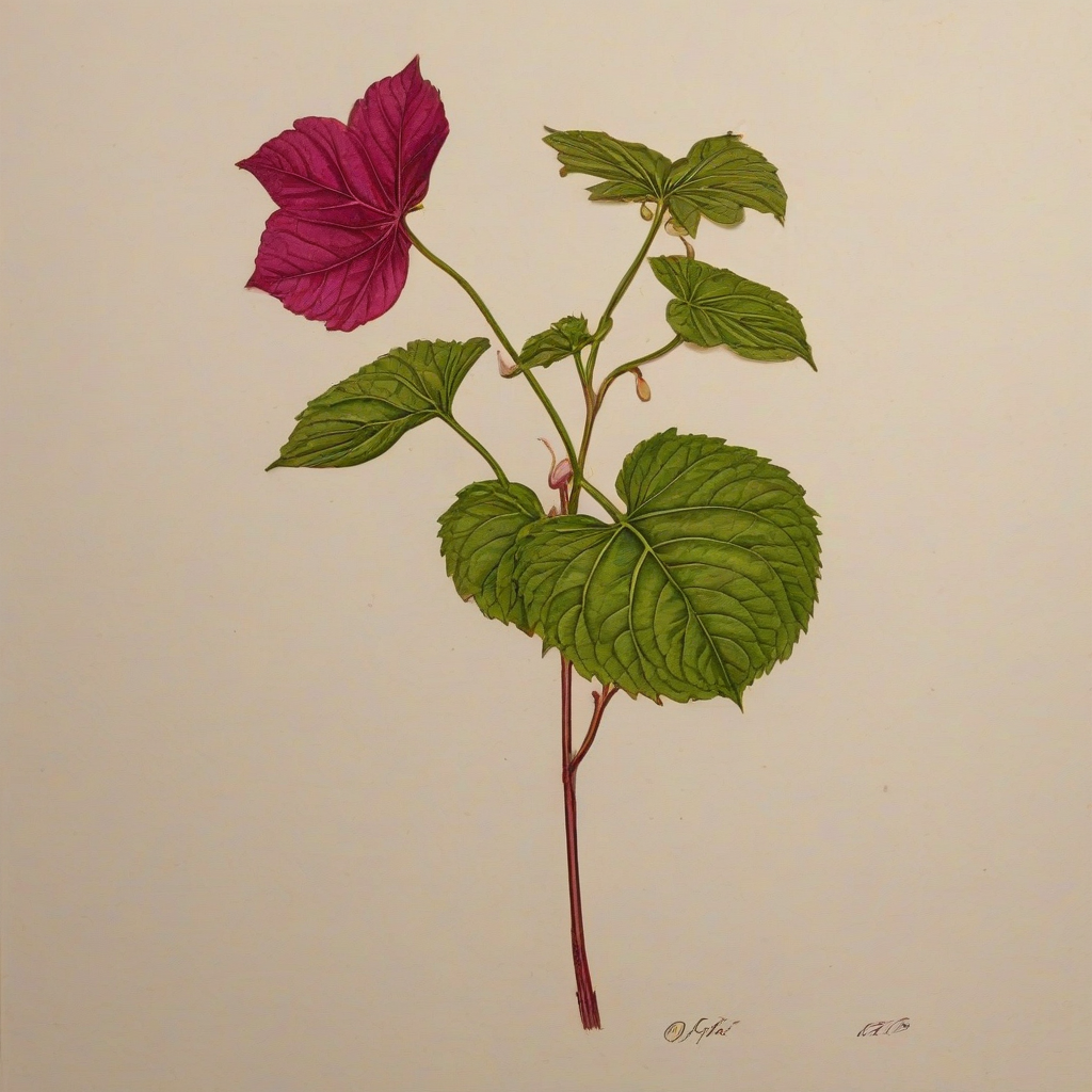 A full-body view of a vibrant magenta-colored plant with large, rounded leaves and a thick, green stem, set against a plain white background, in a medieval illustration style with intricate details and textures, with warm, golden lighting and dynamic shadows, on a plain white background, even lighting 