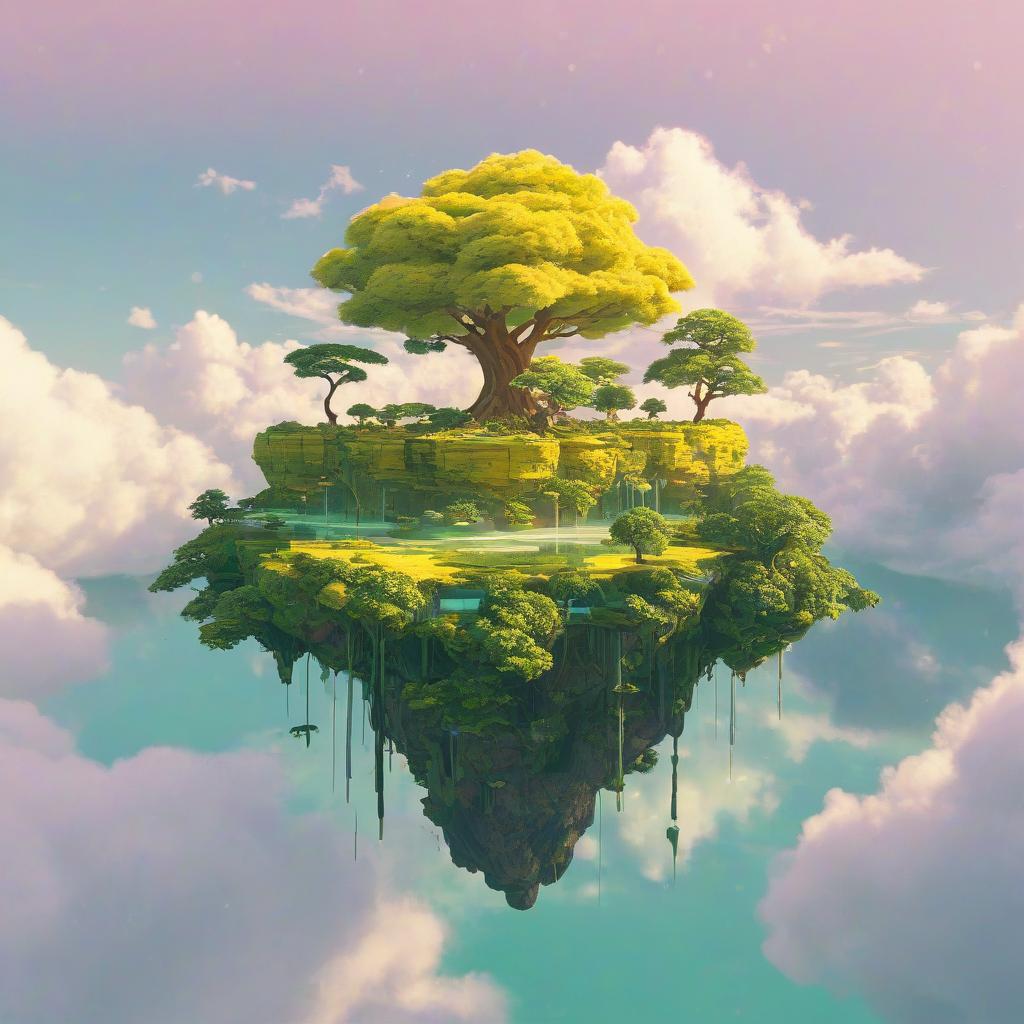 A vibrant, yellow, floating island, with a wide shot, full-body view, set against a plain white background, with a soft, dreamy, vaporwave aesthetic, featuring lush green trees, and a few puffy white clouds, with a warm, golden light, and a sense of depth, and dimensionality, with a mix of digital painting and 3D art styles, on a plain white background, even lighting