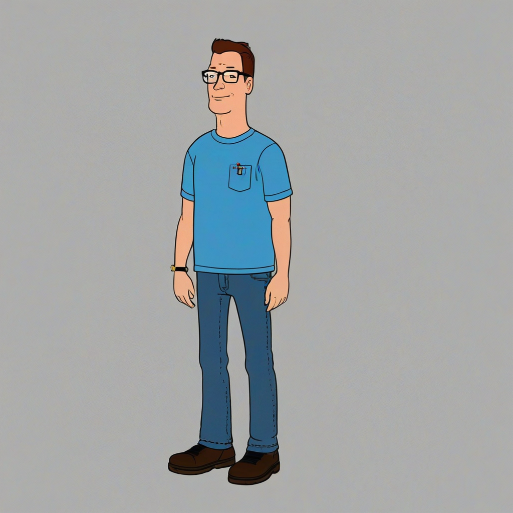 Hank Hill, a slightly overweight propane salesman from the cartoon King of the Hill, wearing his signature blue shirt and jeans, standing in front of a white background with a full-body view, with a wide shot, and a friendly smile, in a digital illustration style with bold lines and vibrant colors, on a plain white background, even lighting