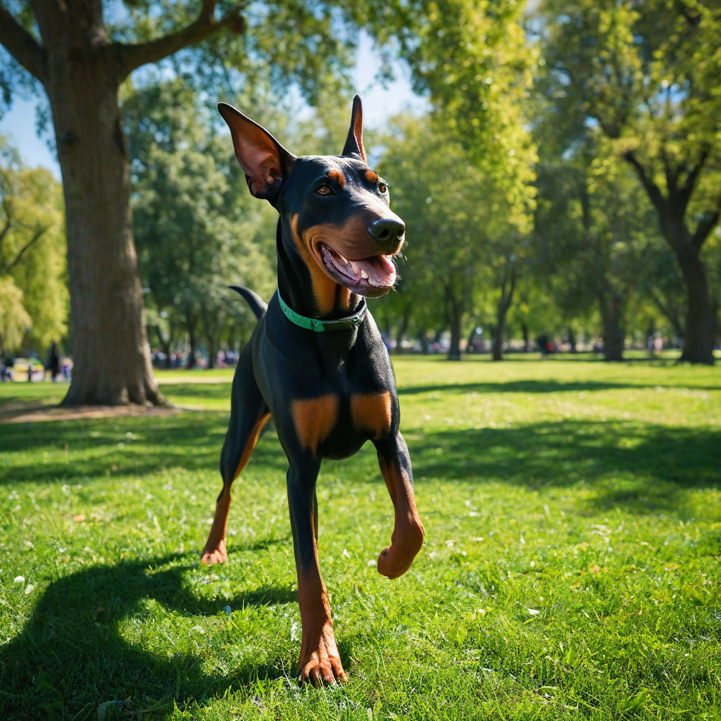 A happy doberman, full-body view, playing fetch in a green park on a sunny day, with a wide-angle shot, digital art style, vibrant colors, dynamic shadows, and a shallow depth of field