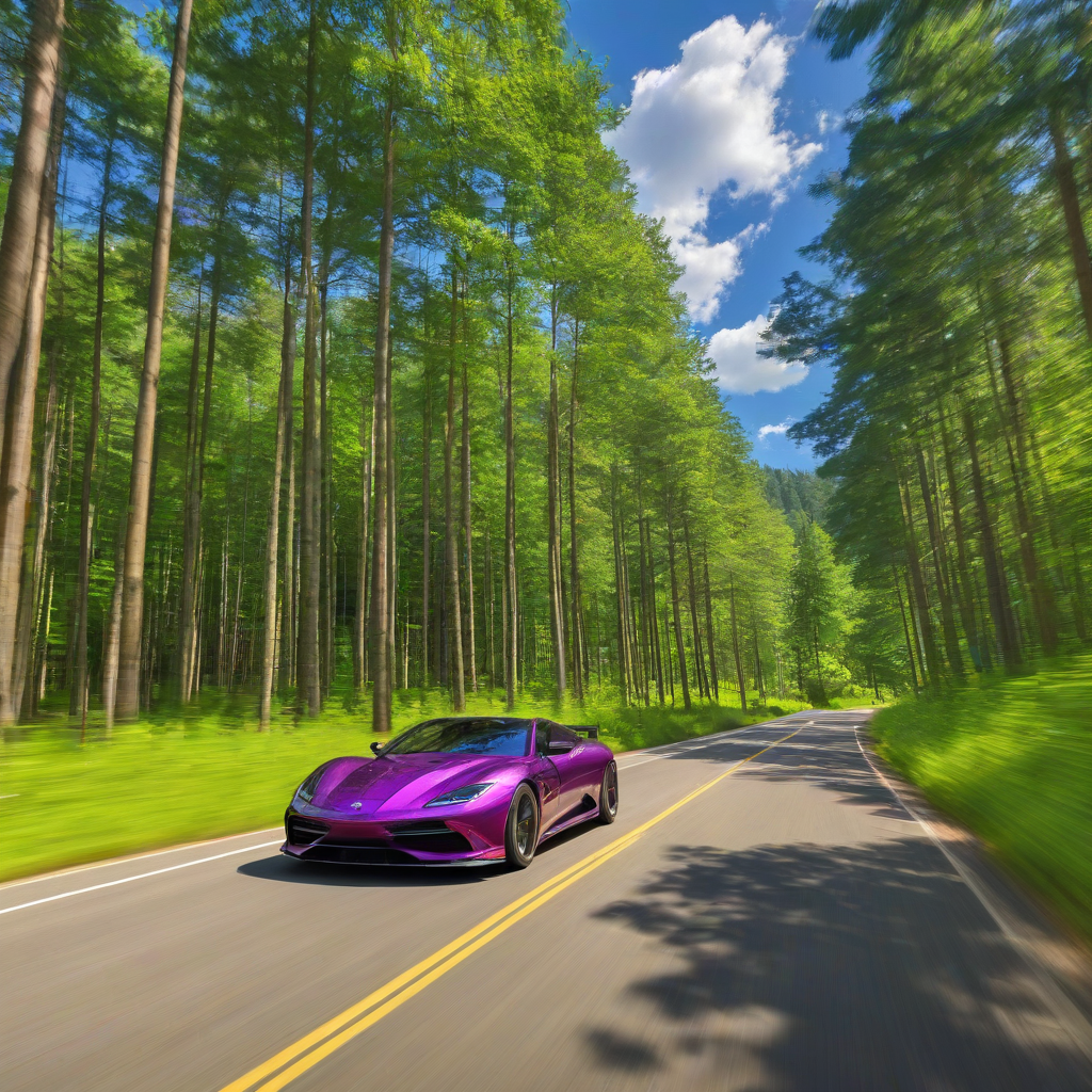 A sleek, cool purple car with a glossy finish, speeding down a winding road that cuts through a dense, vibrant forest with tall trees and lush green foliage, under a clear blue sky with a few puffy white clouds, in a wide shot with the car's wheels and road visible,  in a digital art style with bold lines and bright colors