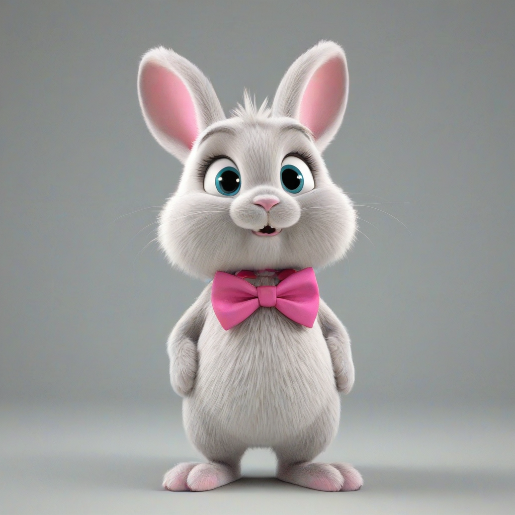 A pastel-colored, cartoon rabbit with big, shiny eyes and a fluffy tail, wearing a bright pink bow tie, standing on a white background, in a full-body view, with its feet visible, in a 3D animated style, with soft lighting and dynamic shadows, on a plain white background, even lighting