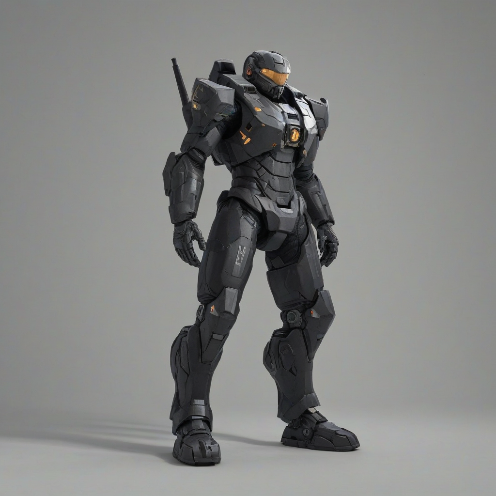 A full-body view of a charcoal-colored mech suit, with a contemporary design, standing on a plain white background, with a wide shot and feet visible, in a digital art style with dynamic shadows and a hard rim light, on a plain white background, even lighting