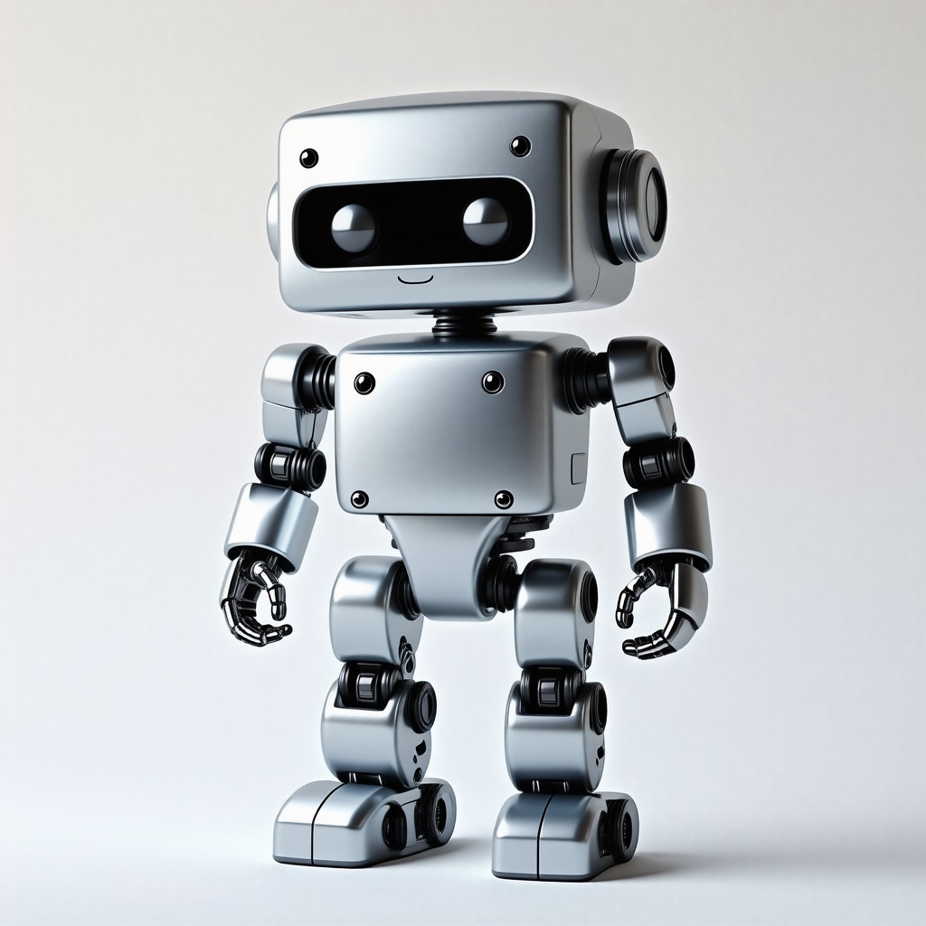 Create a 3D model of a toy robot with a sleek, metallic finish. The robot should have a boxy torso, a rounded head with small circular eyes and a slight smile, and short, stubby arms with simple hands. Its legs should be sturdy with oversized, flat rectangular feet for stability. Include small details like joint bolts and a smooth, reflective surface to emphasize its toy-like appearance. The overall design should be cute and minimalist, with a shiny silver color