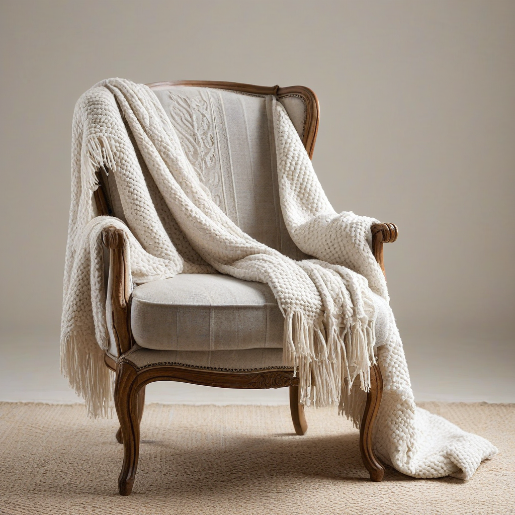 A rustic French country style chair with a soft, woven blanket draped casually over the back, in a wide shot, full-body view, with the chair centered on a plain white background, warm lighting, and a shallow depth of field to emphasize the chair's intricate details, in the style of a cozy, rural French countryside, on a plain white background, even lighting