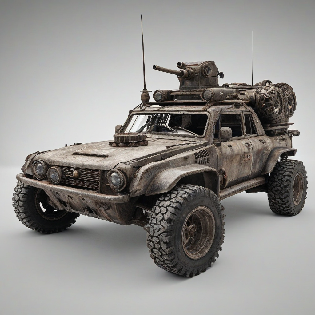 dieselpunk rover, full-body view, driving in a post-apocalyptic world, on a plain white background