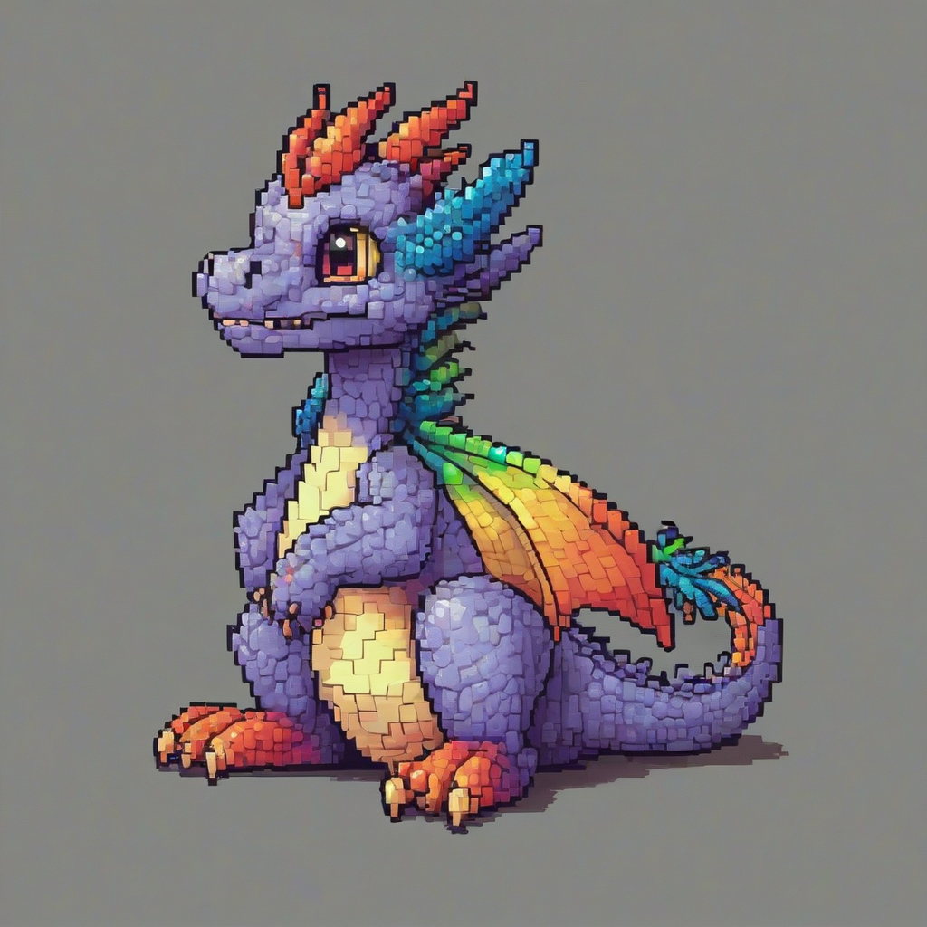 Pixel art of a small rainbow dragon sitting