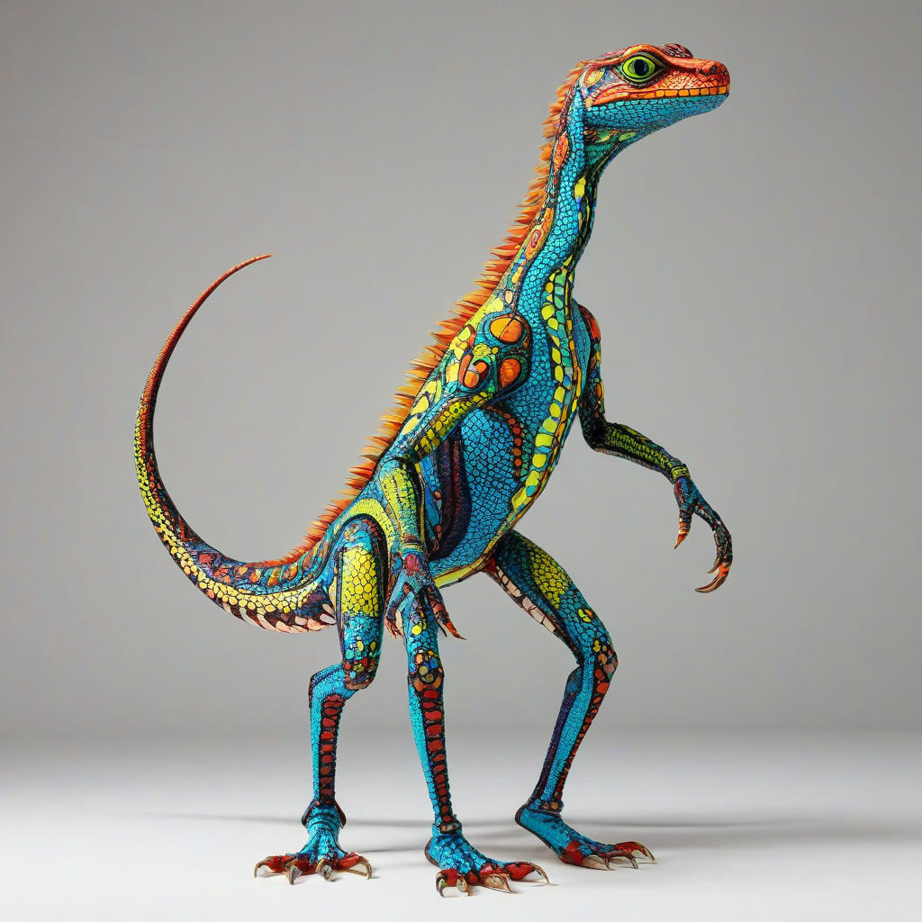 A vibrant, full-body view of a stylized desert creature, reminiscent of a lizard, in a dynamic Pop Art style, with bold lines, bright colors, and abstract patterns, set against a plain white background, with the creature's body and tail fully visible, wide shot, feet visible, on a plain white background, even lighting