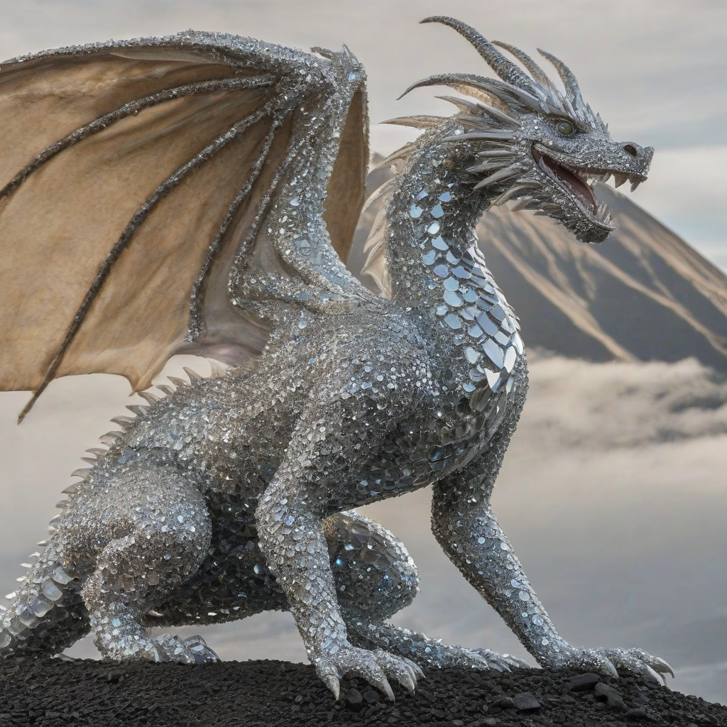 A large, majestic dragon made entirely out of crystals with a wide shot, full-body view, on the edge of a volcano