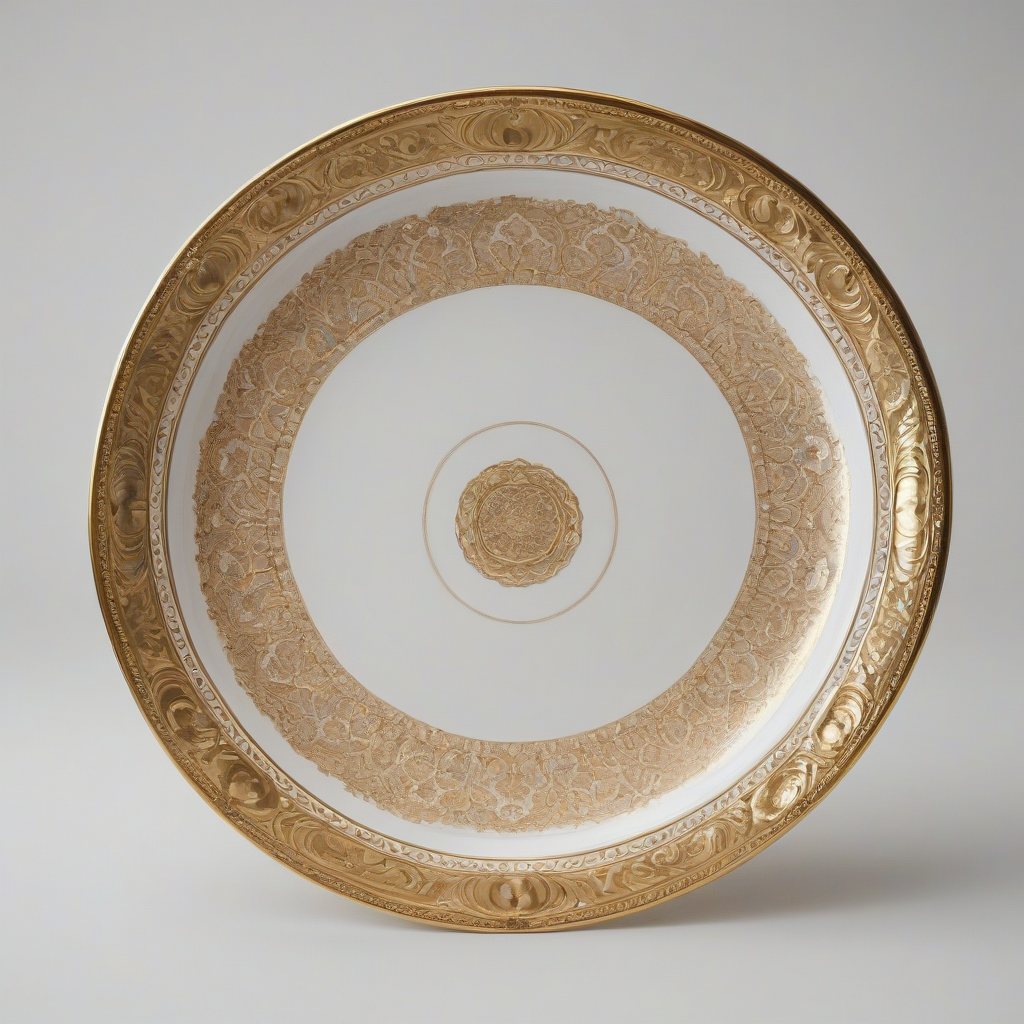 A gold gilded serving platter with intricate details, ornate patterns, and a wide rim, on a plain white background, full-body view, with the platter facing directly forward, and the lighting is soft with a slight warm glow, in the style of luxurious fine dining, with high level of detail and realism, on a plain white background, even lighting 