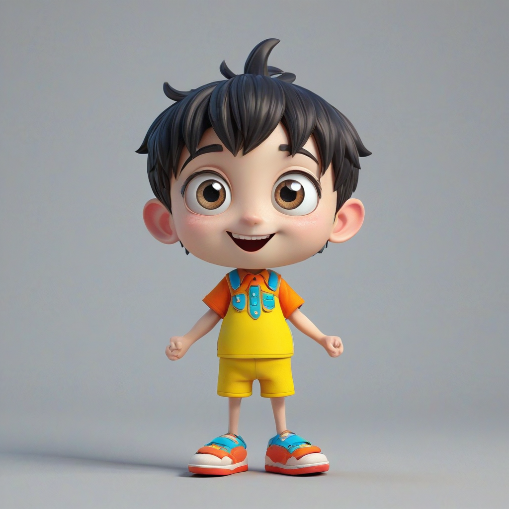 a 3D hand-drawn anime character with big eyes, a happy expression, bright colors, visible feet, and a white background, rendered in a cartoonish style