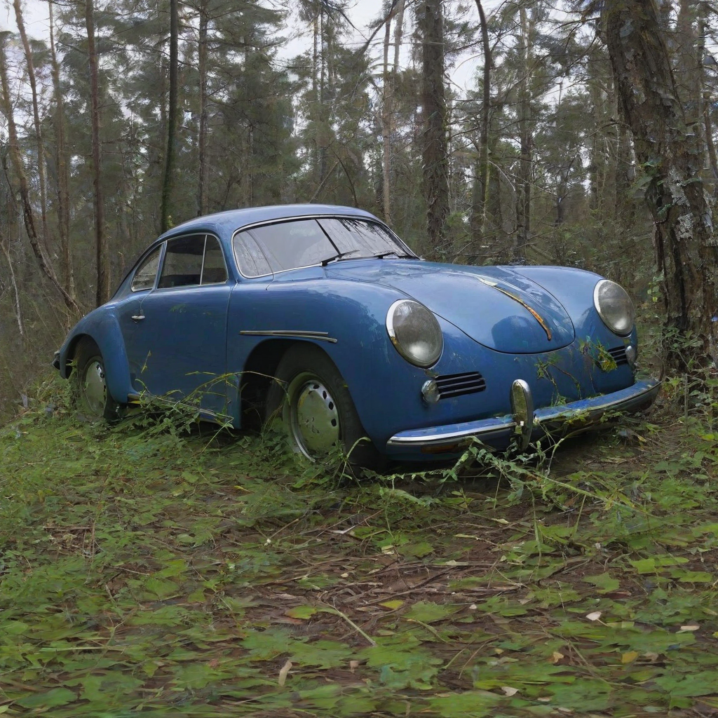 1942 Porsche sitting in an overgrown forest with the bushes growing up the sides of the car, shiny deep blue paint, close up angle