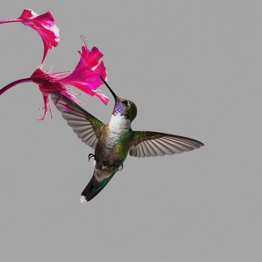 A hummingbird in a full-body view, with iridescent feathers glistening in the sunlight, drinking nectar from a vibrant fuchsia colored flower with delicate, drooping petals, on a plain white background, with a shallow depth of field and a wide-angle shot, in a digital illustration style with bold lines and bright colors, on a plain white background, even lighting 