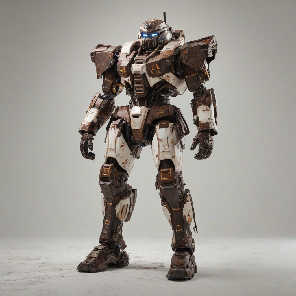 A full-body view of a heavily armored mech suit, with a metallic exoskeleton and vibrant, chocolate-brown accents, set against a plain white background, in a grunge art style with bold brushstrokes and textured details, wide shot with feet visible, on a plain white background, even lighting 