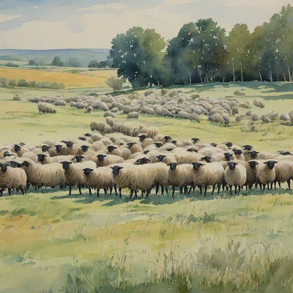 Watercolor of a herd of sheep in a field