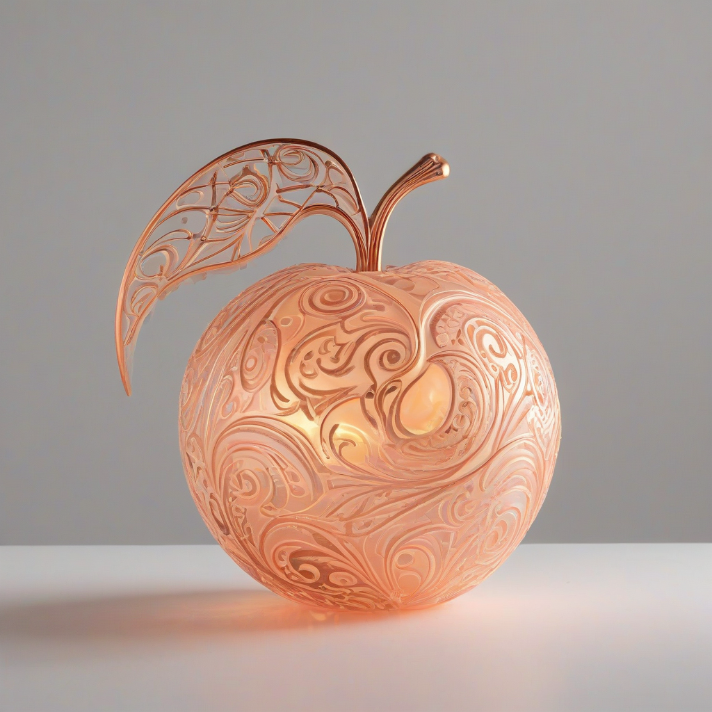 A magical artifact, a glowing peach with intricate, swirling patterns etched into its surface, set against a plain white background, in a wide shot with the entire peach visible, with a soft, warm light and a sense of mysticism, in an industrial style with metallic accents and a sense of futurism, digital art, on a plain white background, even lighting 