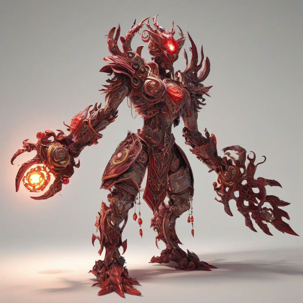 A highly detailed, full-body view, wide shot, of a magical artifact named Crimson, with a vibrant, anime style, on a plain white background, featuring intricate, mystical symbols and markings, with dynamic shadows and a soft, warm backlight, in a digital art style with bold lines and bright, expressive colors, on a plain white background, even lighting, on a plain white background, even lighting 