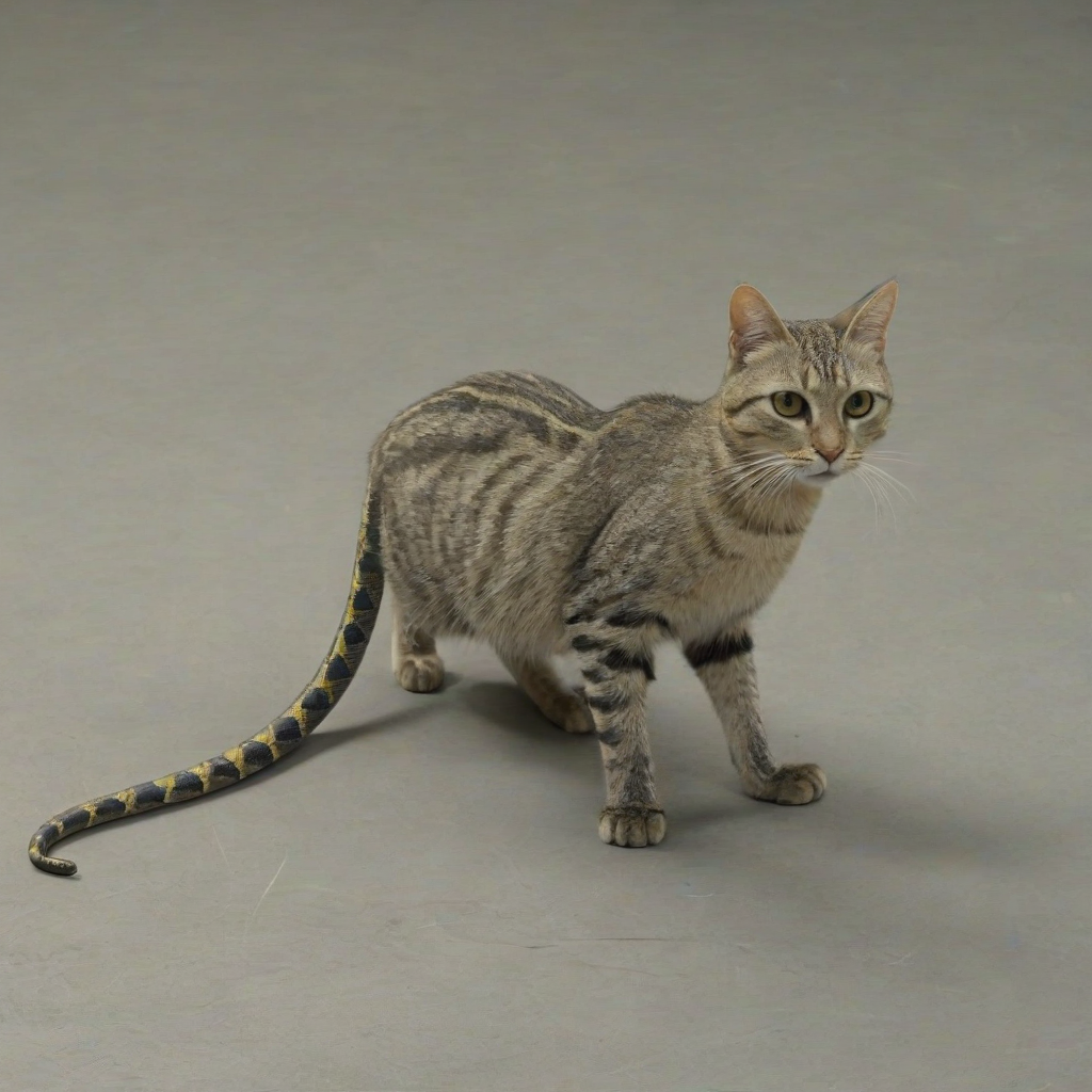 A full-body view of a cat with snake eyes and a long, slender snake tail