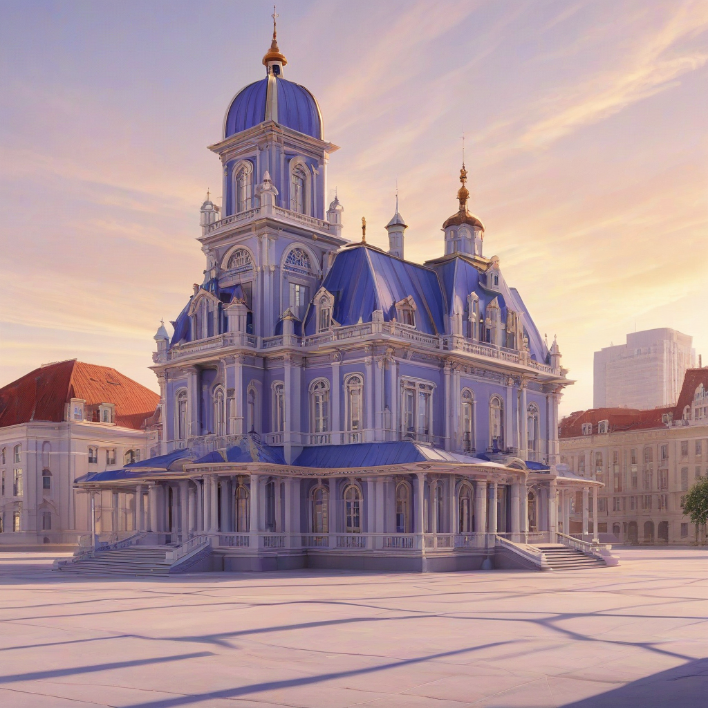 A majestic, periwinkle-colored building, with intricate architectural details, set against a plain white background, in a concept art style, with a wide shot, showcasing the entire structure from foundation to rooftop, with a soft, warm lighting and dynamic shadows, highlighting the building's textures and nuances, in a digital art style with bold lines and vibrant colors, on a plain white background, even lighting