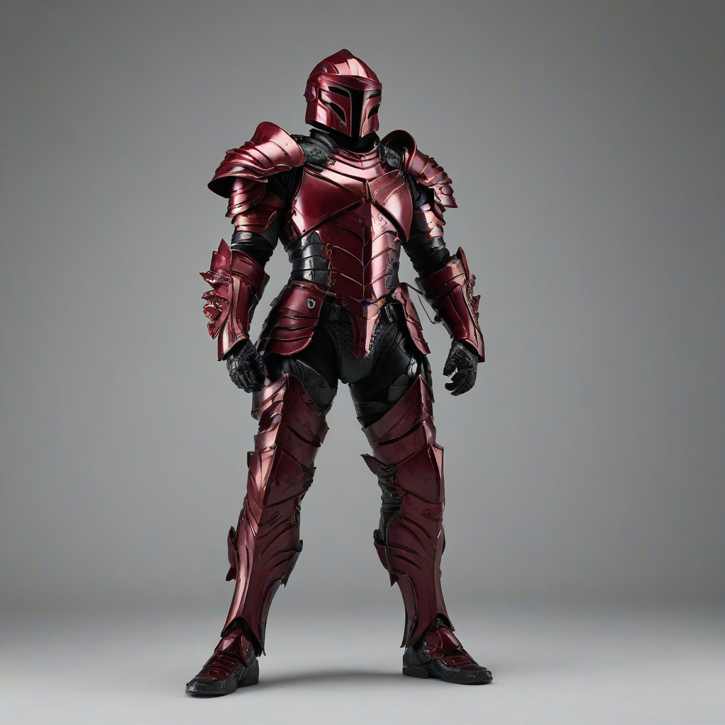 A full-body view of a piece of crimson armor, with a noir style aesthetic, in a wide-angle shot, with bright lighting and no shadows, on a plain white background, with intricate details and textures, and a sense of depth and dimensionality