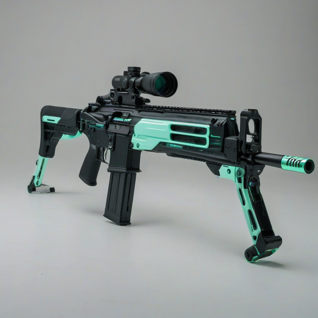 A futuristic, high-tech, mint green, cyberpunk-themed rifle with neon lights and metallic accents, in a wide shot, full-body view, on a plain white background, with a dark and gritty atmosphere, and a sense of advanced technology