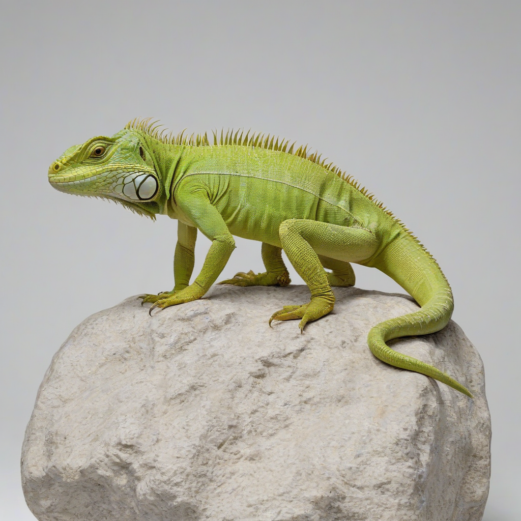 A realistic, full-body view of a pet lizard, specifically a lime green iguana, standing on a rock, with a plain white background, photorealistic style, high detail, and natural lighting, with the lizard's feet and tail visible, on a plain white background, even lighting 