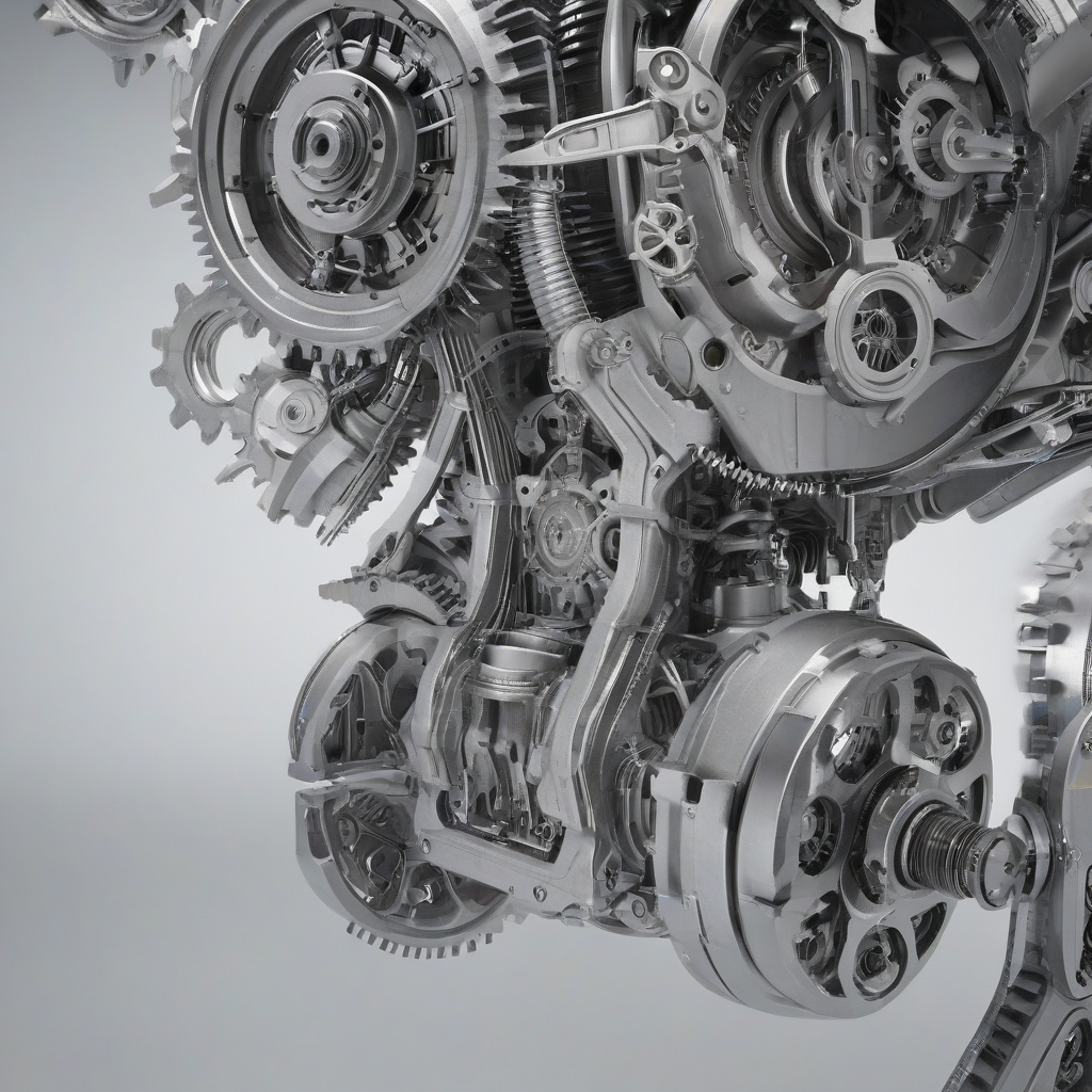 A futuristic, gray, industrial gadget with metallic surfaces, visible wires, and a complex system of gears and pistons, set against a plain white background, in a wide shot with the gadget's entire body visible, rendered in a highly detailed, photorealistic style with sharp lines and dynamic shadows, on a plain white background, even lighting 
