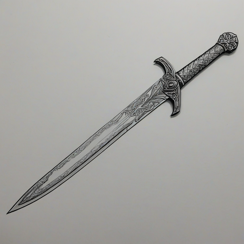 A detailed line drawing of a cool sword, with intricate designs on the hilt and blade, in a wide shot, on a plain white background, with bold lines and precise shading, in the style of a comic book illustration