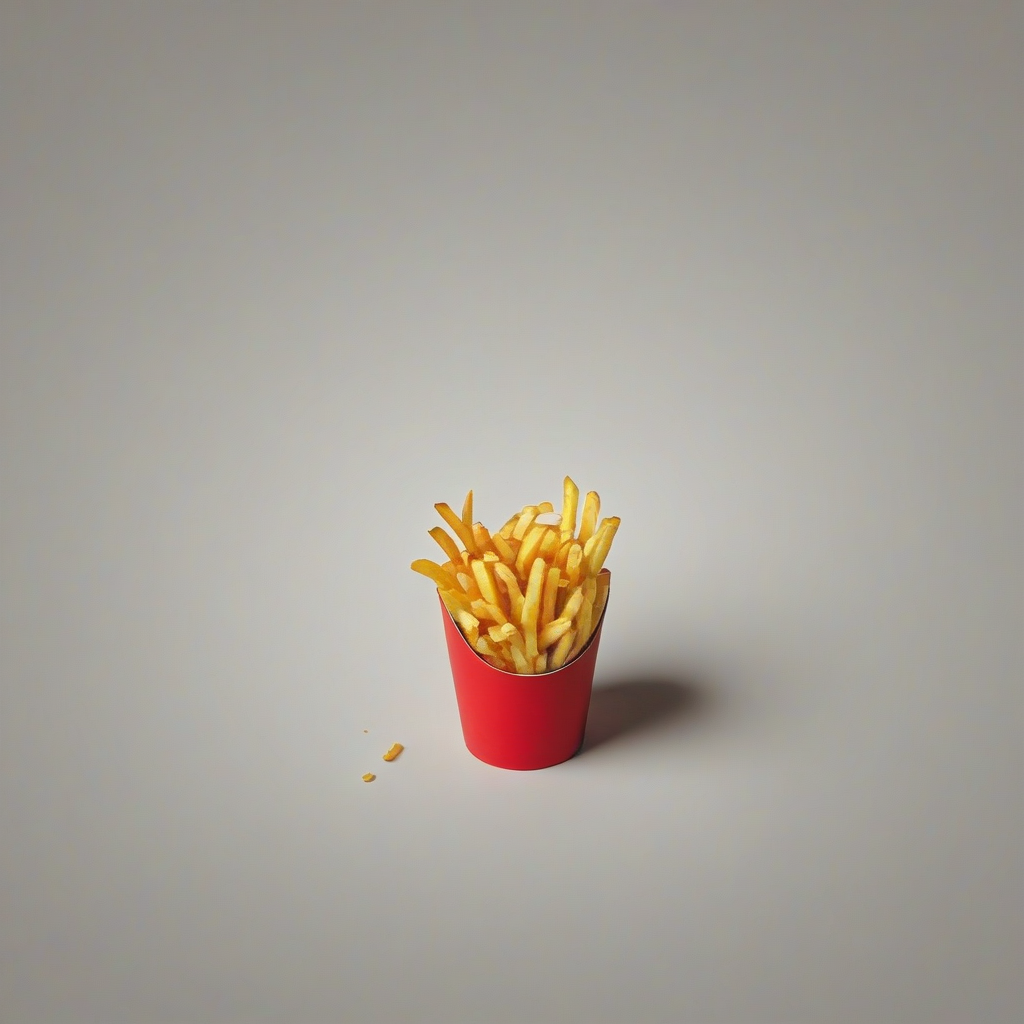 Golden french fries in a red cup, full-body view, plain white background, digital art style, on a plain white background, even lighting 