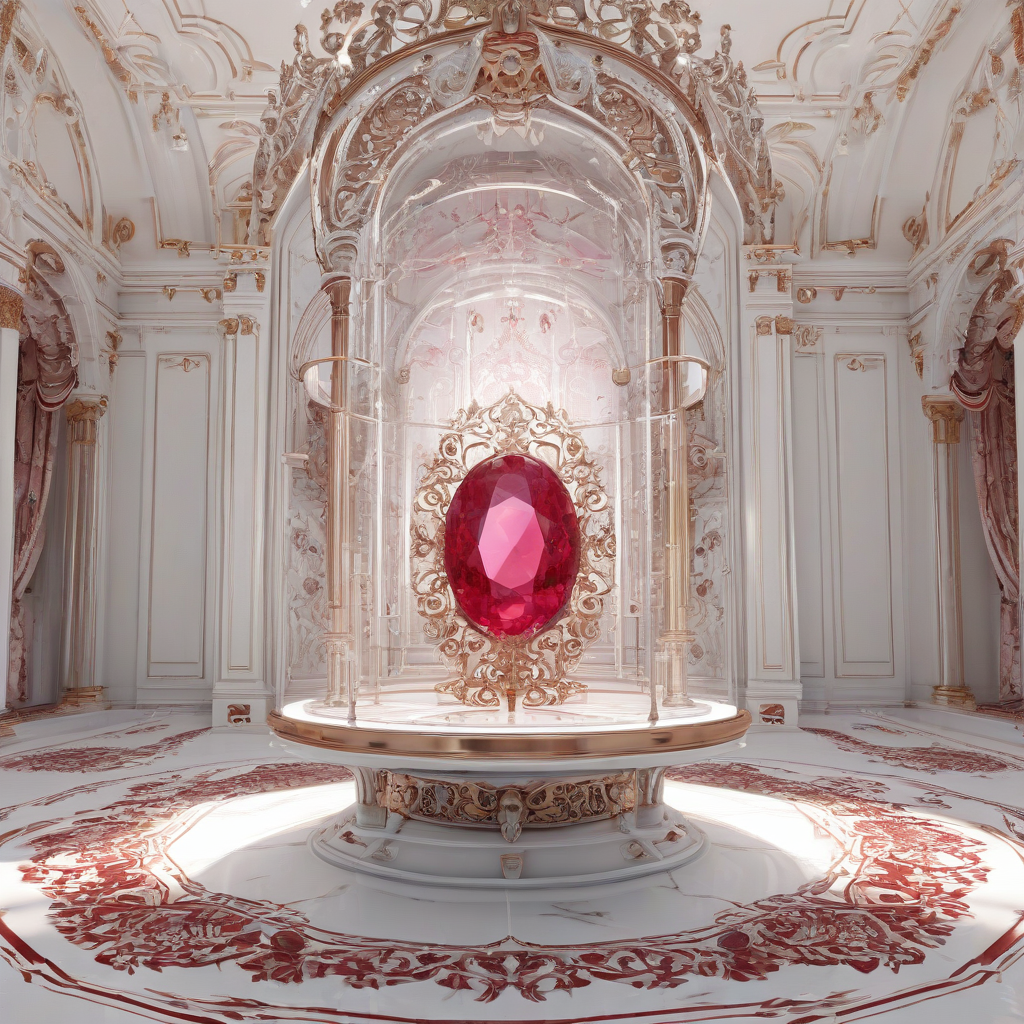 A holographic display of a ruby, showcased in a Victorian-style setting, with intricate details and ornate patterns, on a plain white background, in a wide shot with the entire display visible, with a soft, warm lighting and a sense of luxury and elegance, in a digital art style with a mix of realistic and futuristic elements, on a plain white background, even lighting