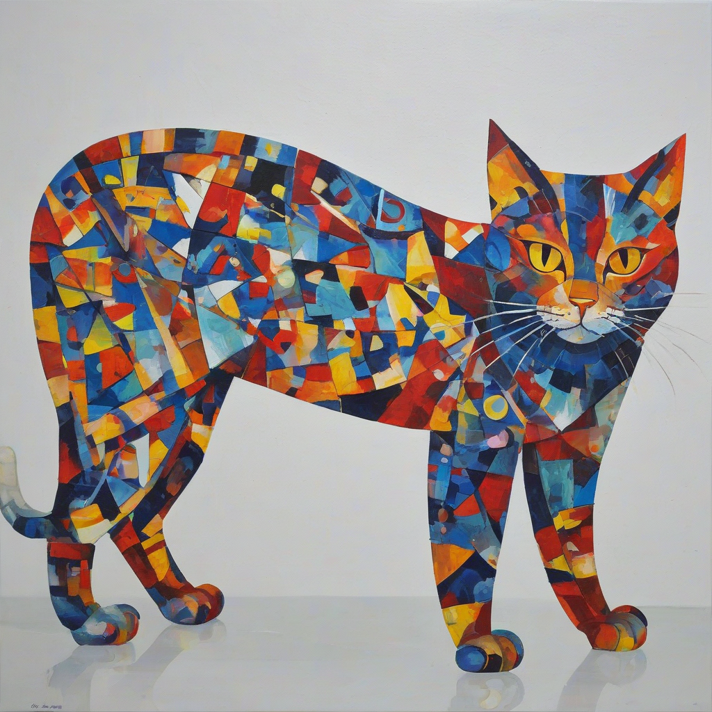 Cubism painting of a cat, full-body view, on a plain white background, vibrant colors