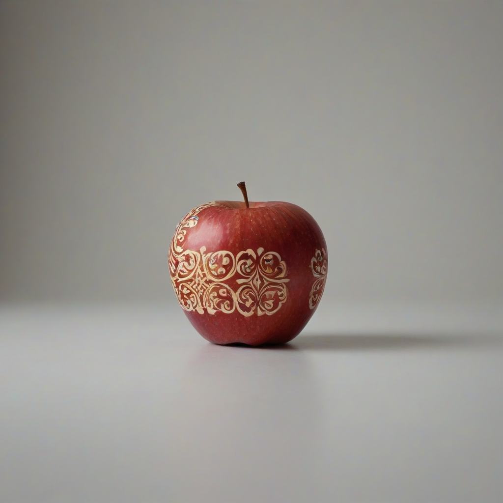 A colorful, whole, red apple on a white background, with a subtle Baroque pattern in the background, even lighting.