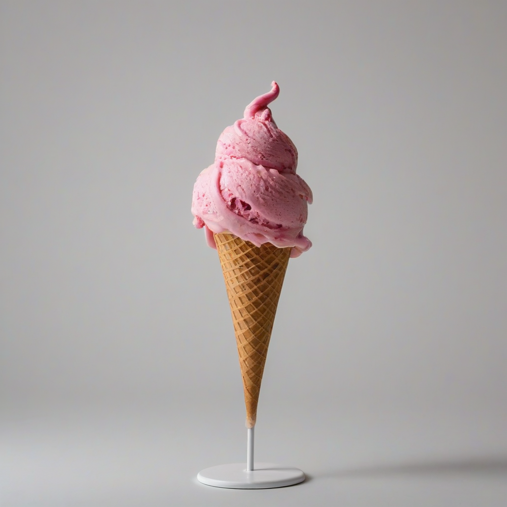 A colorful, swirly pink ice cream on a white stick, in a full-body view, with a wide shot, on a plain white background, with soft natural lighting and a slight sheen to the ice cream, on a plain white background, even lighting 