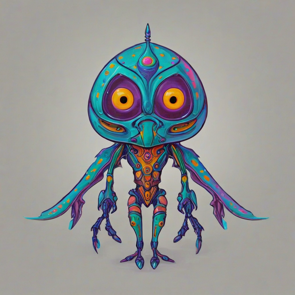 cel-shaded, bold lines, vibrant, extraterrestrial creature, reminiscent of Zelda, with a hint of its fantasy elements, vivid colors, on a plain white background, even lighting