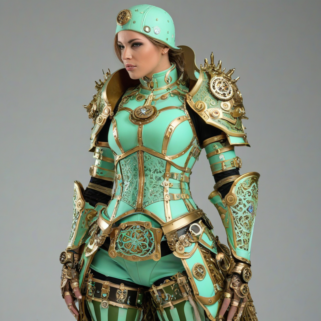 A full-body view of a intricately designed piece of steampunk armor, with a dominant mint green color scheme, adorned with brass accents and visible gears, set against a plain white background, in a wide shot, with the armor's intricate details and textures visible, in a digital art style with a mix of realistic and stylized elements