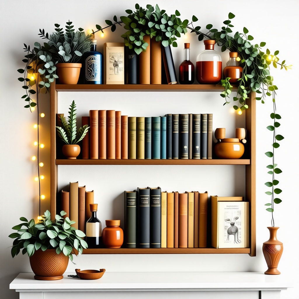 A small two-shelved book shelf filled with scrolls and old books and a couple of potions. The bookshelf itself is heavily decorated with papers with drawings and plants and string lights