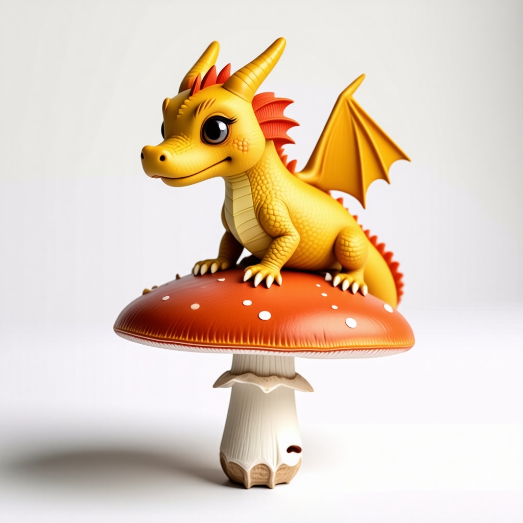 a small yellow dragon sitting on a mushroom