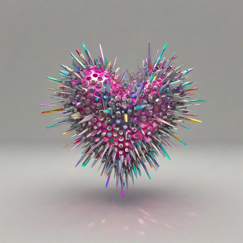 3d metallic pink heart with multi colored metal spikes going around the perimeter of the heart, bright lighting, on a plain white background, even lighting