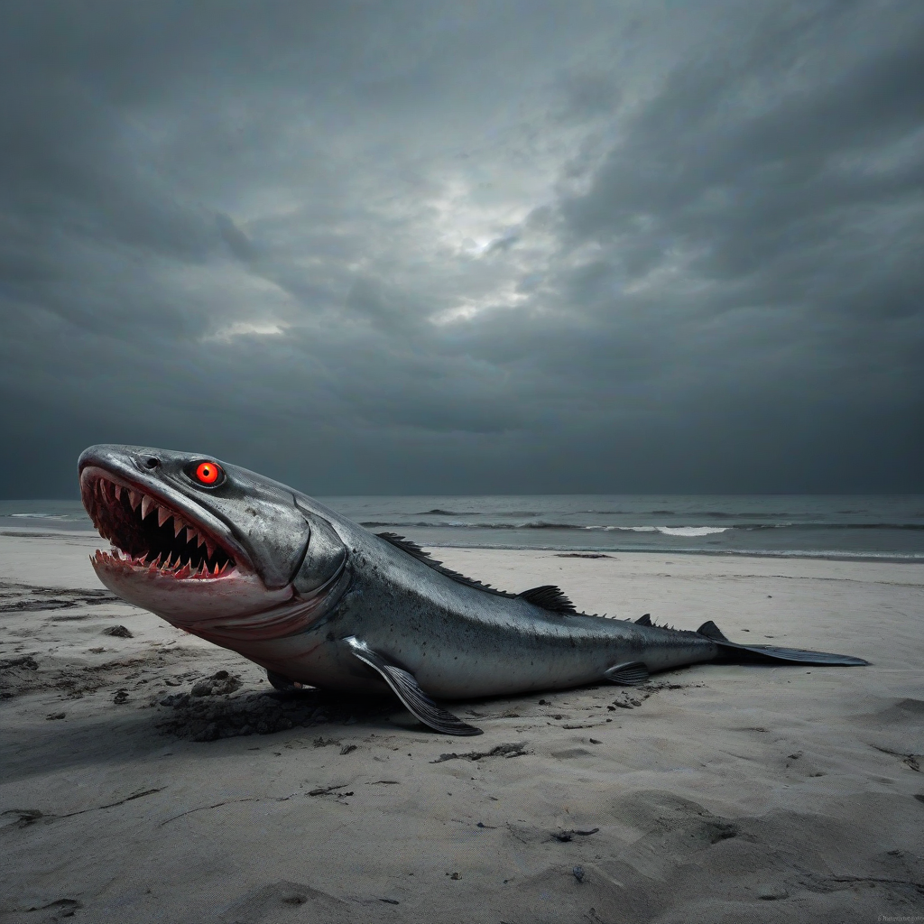 A cursed, mutated salmon with glowing red eyes and sharp teeth, lying on a desolate, post-apocalyptic beach with a dark, ominous sky in the background, full-body view, wide shot, plain white background, digital art style, high contrast, dramatic lighting, intense shadows, on a plain white background, even lighting