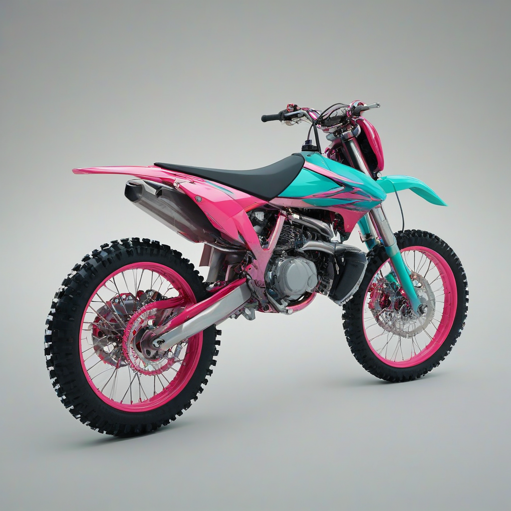 A detailed, full-body view of a dirt bike, with a sleek and shiny red body, the front half transformed into a teal hue, and the back half transitioning into a light pink gradient, sitting on a plain white background, with a wide-angle shot and soft natural light, in a digital art style with bold lines and vibrant colors.
