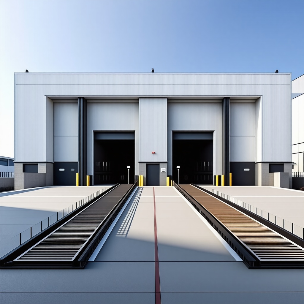 A futuristic refinery building with large bay doors and ramps for materials to be transported through, small doors for humans to enter and exit, surrounded by a short concrete wall, with a plain white background, in a wide shot, with all details of the building visible, including concrete surfaces and industrial textures, in a digital art style with sharp lines and vibrant colors, professional lighting to make the model pop