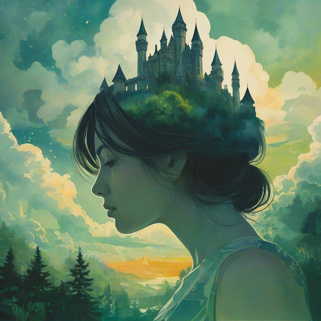 Double exposure portrait of a woman's head in profile, filled with a surreal dreamscape featuring a majestic Syd Mead art style castle nestled in clouds and lush green forests, detailed, sunrise, atmospheric lighting, high resolution, no humanistic qualities, only show the surrealist landscape in the silhouetted shape of the head, watercolor art style, no face, her head is the landscape