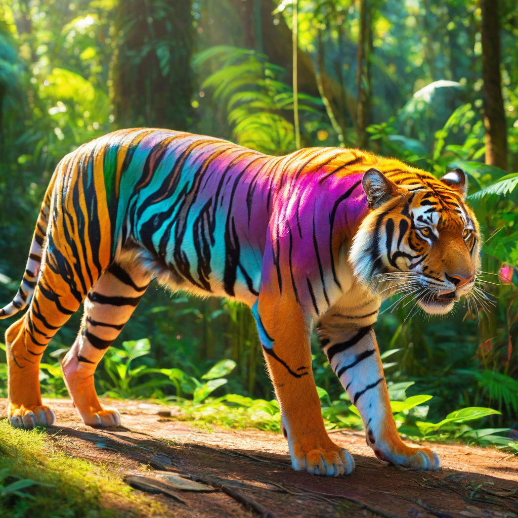 A vibrant rainbow tiger with vibrant rainbow wings that are wide open, on it's back, in a full-body view, with a wide shot and feet visible, in a rainforest, in a digital art style with bold lines and bright colors, with dynamic shadows and a backlight, and a fish-eye lens for a curved look