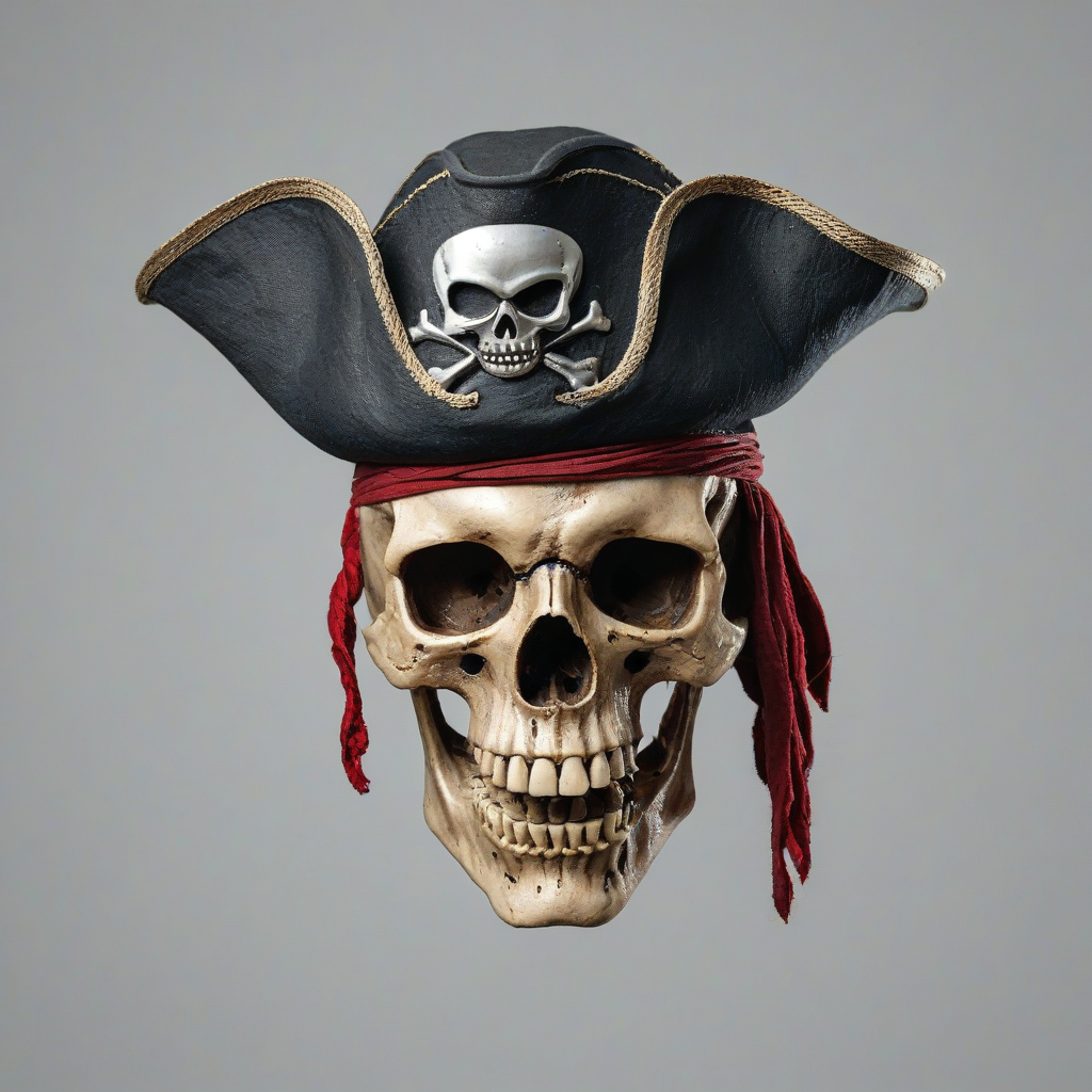 pirate skull wearing a tricorn hat, on a plain white background, even lighting