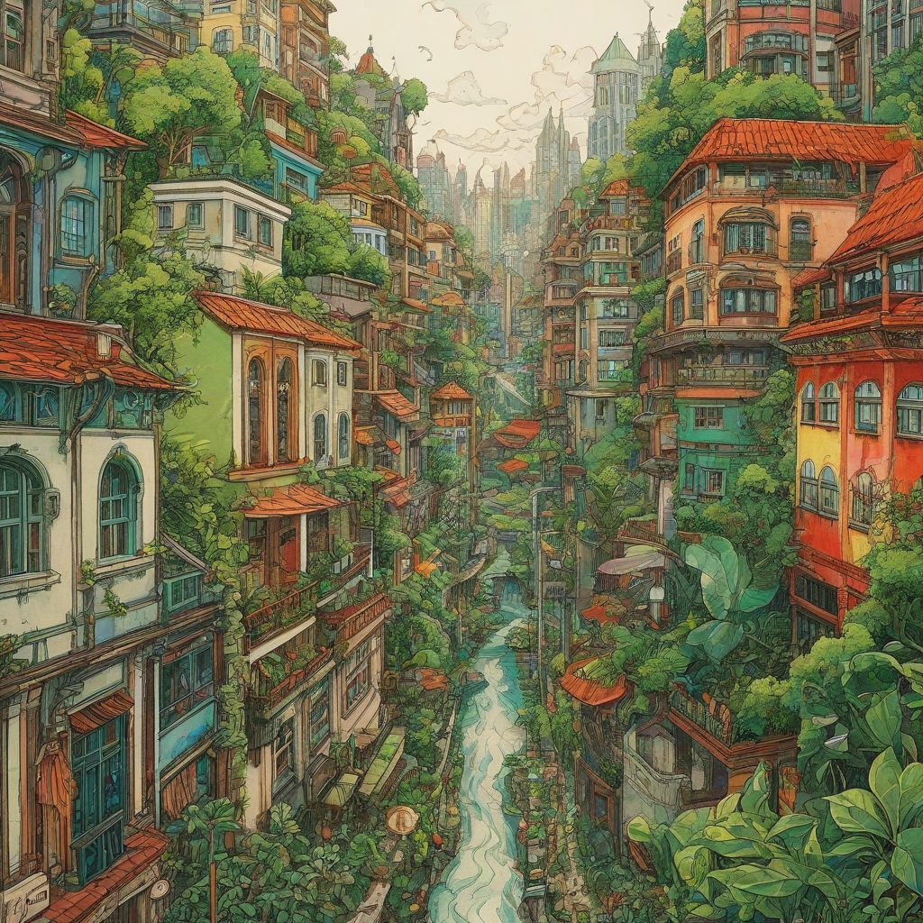 Vibrant ecopunk cityscape, lush greenery, colorful buildings, Sam Guay art style, on white