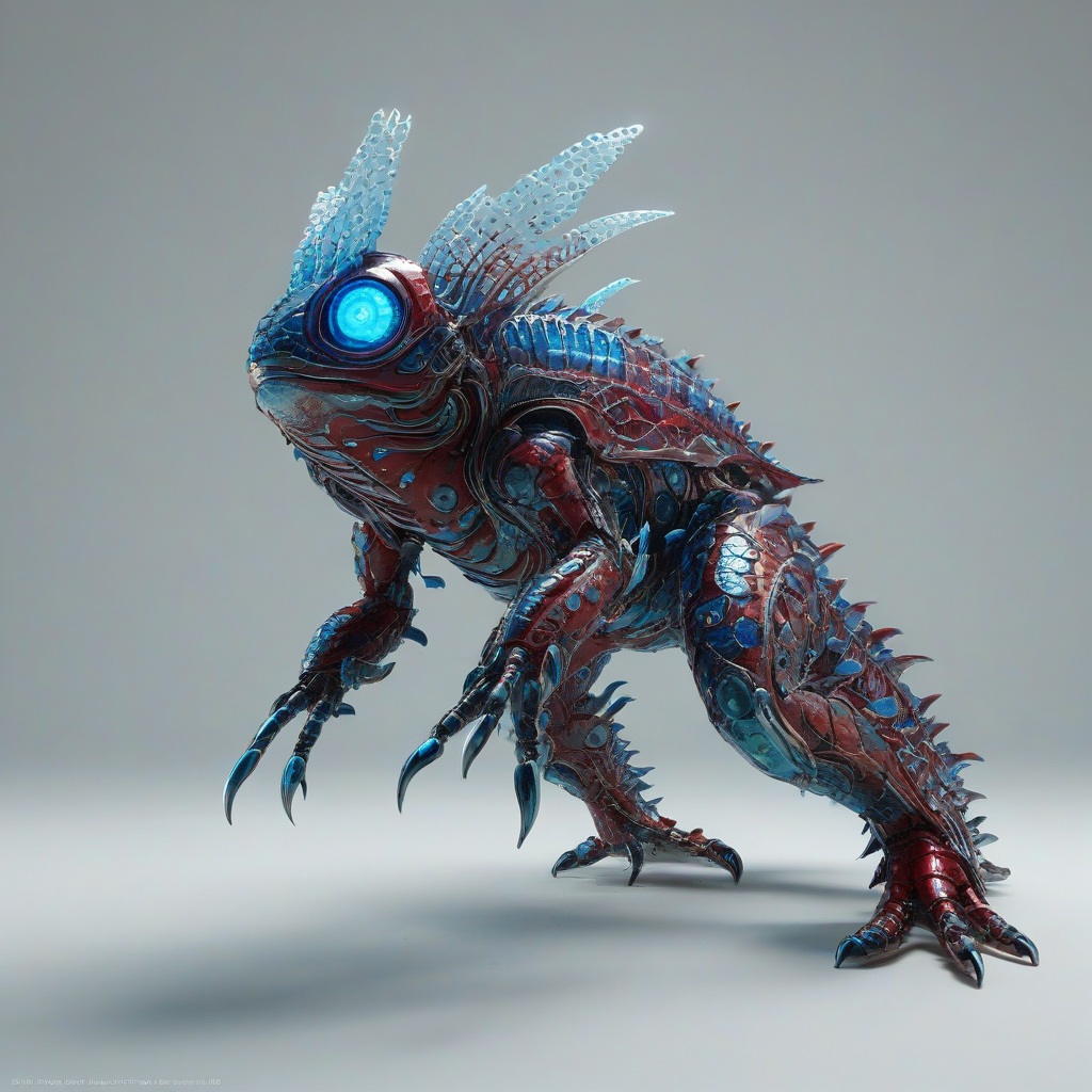 A vibrant red, industrial-style, underwater creature with metallic scales and glowing blue eyes, in a full-body view, with its entire body visible, on a plain white background, with a wide-angle shot, and dynamic shadows, in a digital art style, with a focus on intricate details and textures, on a plain white background, even lighting
