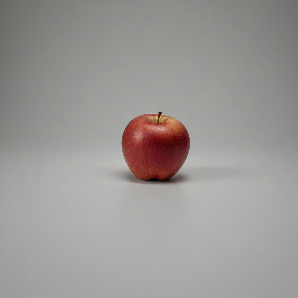 A colorful, whole, red apple, full-body view, on a plain white background, on a plain white background, even lighting 