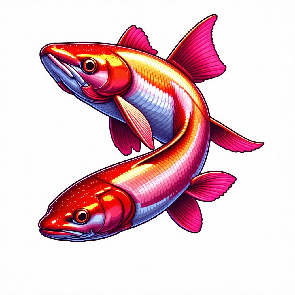 A full-body view of a salmon, pixel art style, on a plain white background, with vibrant pink and red pixels, detailed fins and scales, and a dynamic swimming pose, wide shot